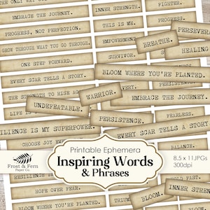 Mots inspirants du journal indésirable | Phrases inspirantes Ephémères | Citations de scrapbooking | Autocollants de collage de cliparts | Téléchargement numérique imprimable
