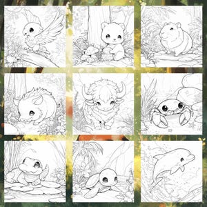 May include: A coloring book page featuring nine different animals, including a bird, a bear, a hamster, a boar, a yak, a crab, a frog, a turtle, and a dolphin. The animals are drawn in a cartoon style and are surrounded by simple floral and foliage designs.