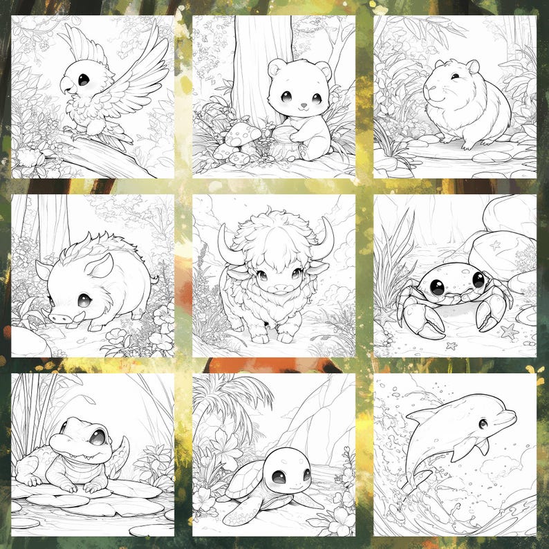 May include: A coloring book page featuring nine different animals, including a bird, a bear, a hamster, a boar, a yak, a crab, a frog, a turtle, and a dolphin. The animals are drawn in a cartoon style and are surrounded by simple floral and foliage designs.