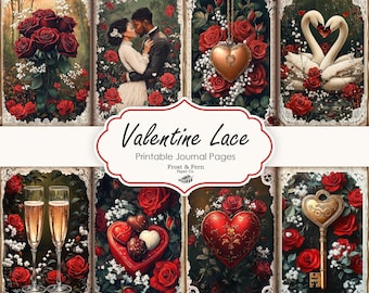 Strony dziennika Valentine Lace Junk | Czerwone róże, romantyczne drobiazgi (do pobrania w wersji cyfrowej)