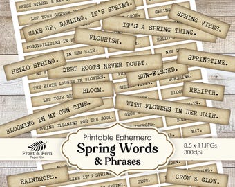 Spring Junk Journal Words | Springtime Phrases Ephemera | Scrapbook Quotes | Vintage | Clipart Collage Stickers | Printable Digital Download