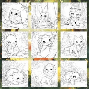 May include: A coloring book page featuring nine different animals, including a wolf, a tiger, a lion, a turtle, a rabbit, a bird, a sloth, an owl, and a squirrel. The animals are drawn in a cartoon style and are surrounded by flowers and leaves.