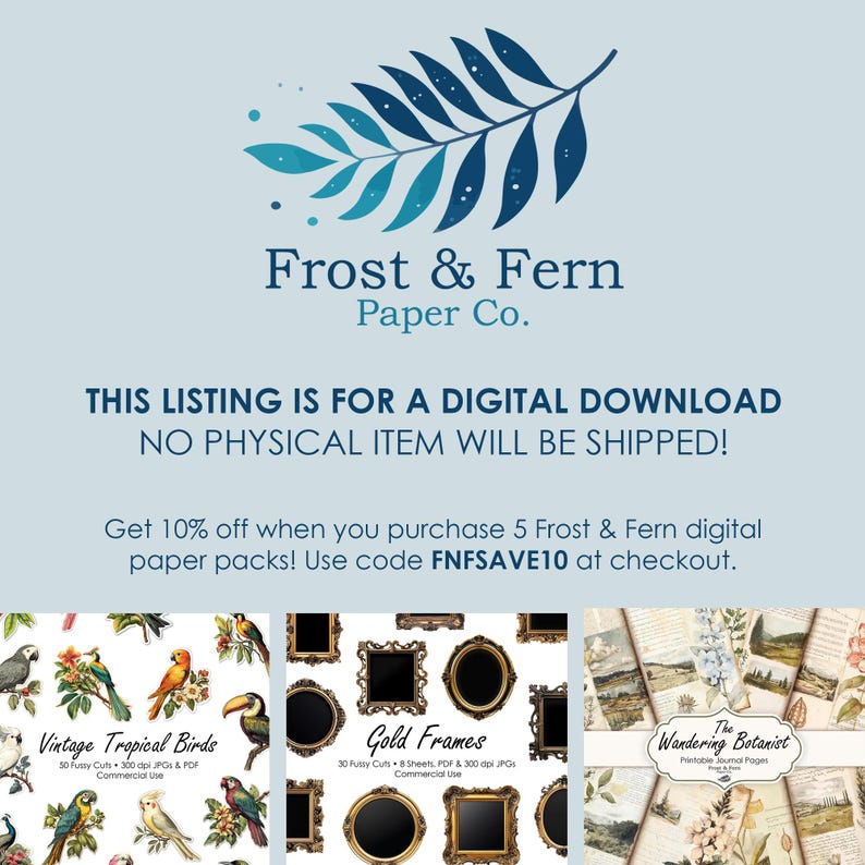 K&ouml;nnte beinhalten: Digitaler Download-Eintrag von Frost & Fern Paper Co. mit verschiedenen Papierpaketen. Das Bild enth&auml;lt Text: &bdquo;DIESES ANGEBOT GILT F&Uuml;R EINEN DIGITALEN DOWNLOAD, ES WERDEN KEINE PHYSISCHEN ARTIKEL VERSENDET!&ldquo; und &bdquo;Vintage Tropical Birds&ldquo; und &bdquo;Gold Frames&ldquo;.