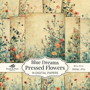 ブルードリーム押し花デジタルペーパー | 花の背景、コラージュ、ジャーナルページ、スクラップブック、商用利用、印刷可能なデジタルダウンロード