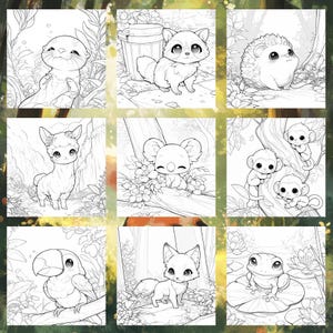 May include: A coloring book page featuring a variety of cute animals, including a raccoon, a hedgehog, a koala, a llama, a fox, a frog, and monkeys. The animals are drawn in a simple, cartoon style and are surrounded by flowers and leaves.
