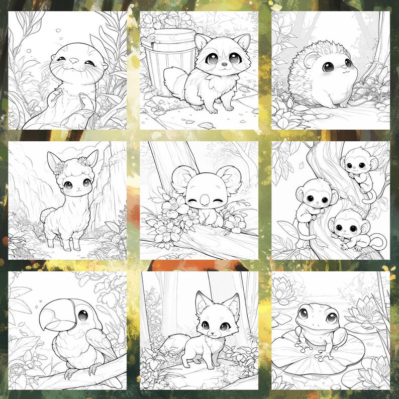 May include: A coloring book page featuring a variety of cute animals, including a raccoon, a hedgehog, a koala, a llama, a fox, a frog, and monkeys. The animals are drawn in a simple, cartoon style and are surrounded by flowers and leaves.