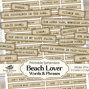 Palavras de diário de praia | Coisas vintage, citações do oceano, sentimentos de álbum de recortes de verão, colagem de férias, download digital para impressão