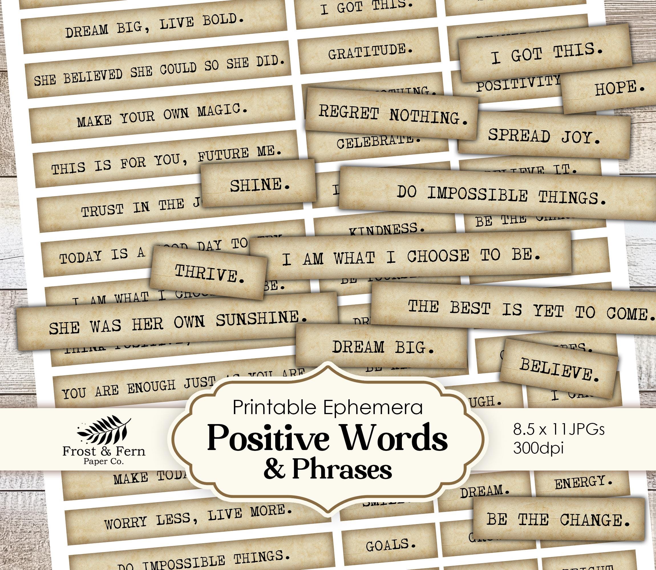Positive Junk Journal Words | Phrases Ephemera | Positivity Scrapbook Quotes | Clipart Collage Stickers Tags | Printable Digital Download