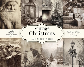 May include: A sepia-toned collage featuring vintage Christmas imagery. Includes Santa Claus, a lantern with a lit candle, a fireplace, a decorated Christmas tree, and scenes of carolers and a snowy street. Text reads "Vintage Christmas" and "32 Vintage Photos."