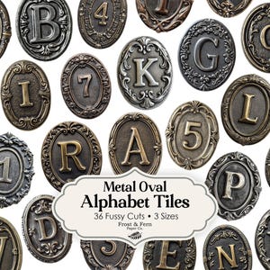 Lettres éphémères de l'alphabet en carreaux de métal | Numéros de revues antiques | Coupe soignée | Lettres d'album | Collage | Cartes | Téléchargement numérique imprimable
