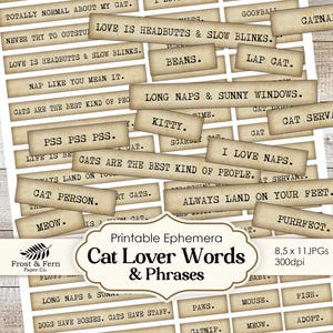 Mots du journal des amoureux des chats | Crazy Cat Lady Scrapbook Ephemera | Citations sur les chats | Étiquettes vintage | Collage de cliparts | Téléchargement numérique imprimable