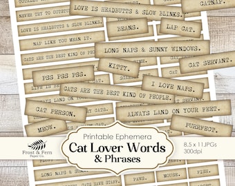 Katzen Liebhaber Wörter & Phrasen | Ephemera für Junk Journals und Scrapbooking (Digitaler Download)