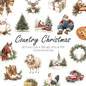 Landelijke vintage kerst kieskeurige snitten | Illustraties | Junkjournaal | Plakboeken | Tijdelijke verschijnselen | Afdrukbare digitale download