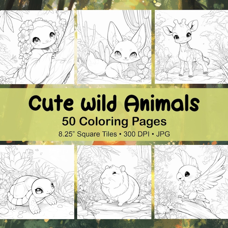 May include: A set of 50 coloring pages featuring cute wild animals. The pages are 8.25 inches square and 300 DPI. The animals include a sloth, a fennec fox, a giraffe, a turtle, a guinea pig, and a parrot.
