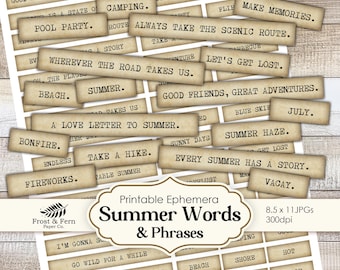 May include: A collection of printable ephemera featuring summer-themed words and phrases. The rectangular tags have a vintage aesthetic with phrases like "Beach," "Summer," and "Take a Hike." The image also includes the text "Printable Ephemera Summer Words & Phrases."