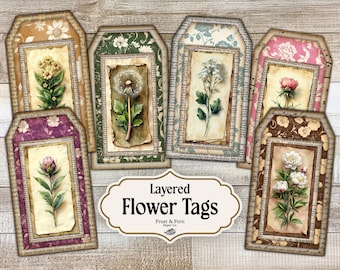 Layered Flower Junk Journal Tags | Vintage Floral Ephemera (Printable Digital Download)