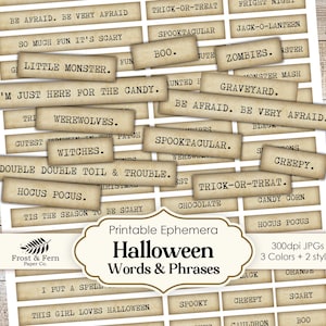 May include: Printable Halloween ephemera featuring various words and phrases like "Trick or Treat" and "Little Monster" in a vintage style. Includes 300dpi JPGs in 3 colors and 2 styles. Perfect for crafting.