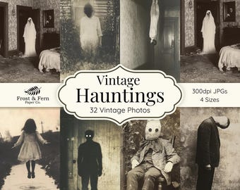 Puede incluir: Un collage digital de fotos vintage con imágenes espeluznantes de fantasmas, una figura sin cabeza y un hombre colgado boca abajo. El texto "Vintage Hauntings" está en el centro del collage, con el texto "32 Vintage Photos" debajo. El texto "300dpi JPGs 4 Sizes" está en la esquina superior derecha del collage.