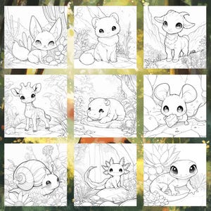 May include: A coloring book page featuring nine different adorable animals in various poses. The animals include a fennec fox, a weasel, a goat, a hippopotamus, a giraffe, a mouse, a snail, an axolotl, and a lizard. Each animal is surrounded by foliage and flowers.