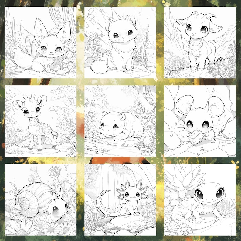 May include: A coloring book page featuring nine different adorable animals in various poses. The animals include a fennec fox, a weasel, a goat, a hippopotamus, a giraffe, a mouse, a snail, an axolotl, and a lizard. Each animal is surrounded by foliage and flowers.
