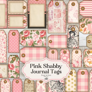 May include: A set of pink and white printable journal tags with floral, gingham, polka dot, and striped patterns. The tags feature a variety of designs, including flowers, butterflies, and vintage postage stamps. The text "Pink Shabby Journal Tags" is displayed in a banner at the bottom of the image.