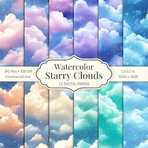 Digitaal aquarelpapier sterrenwolken | Bewolkte naadloze achtergrond, collage, dagboek, plakboek, commercieel gebruik, afdrukbare digitale download