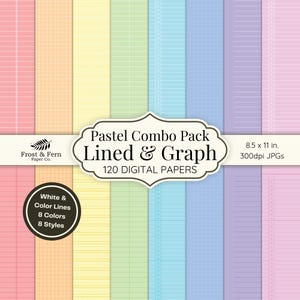 May include: A digital paper pack with 120 pastel colored lined and graph paper designs. The papers are 8.5 inches by 11 inches and 300 dpi. The pack includes 8 colors and 8 styles of lined and graph paper.