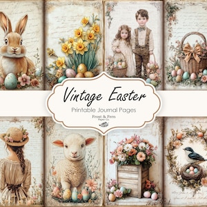 May include: Vintage Easter printable journal pages featuring a bunny, flowers, eggs, a lamb, a bird, and children. The pages are designed with a vintage aesthetic and are perfect for scrapbooking, journaling, or crafting.