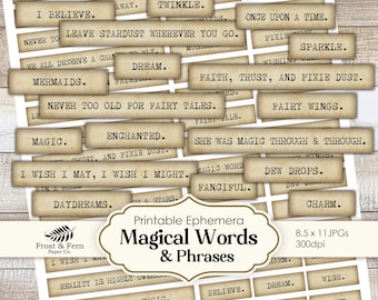 Magic Junk Journal Words | Fairy Sentiments | Scrapbook Quotes | Vintage Ephemera | Clipart Collage Stickers | Printable Digital Download