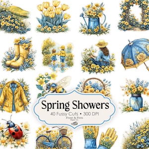 Könnte beinhalten: Ein Set mit 40 digitalen Fussy Cuts mit Frühlingsmotiven. Die Bilder zeigen Blumen, eine Biene, eine Gießkanne, einen Regenmantel, einen Marienkäfer, ein Fahrrad, Gartenhandschuhe und vieles mehr. Die Bilder sind in einem Blau- und Gelbschema gehalten. Der Text "Spring Showers" ist in einem blauen Banner mit den Worten "40 Fussy Cuts - 300 DPI" und "Frost & Fern Paper Co." darunter dargestellt.