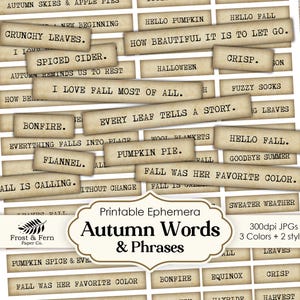 May include: A collection of rectangular paper tags with autumn-themed phrases in a vintage typewriter font. Phrases include "Crunchy Leaves," "Spiced Cider," and "Hello Pumpkin." The words are printed on a beige background. The image also includes the text "Autumn Words & Phrases."