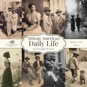 Peut inclure: Une collection de 32 photographies vintage en noir et blanc représentant des scènes de la vie quotidienne afro-américaine. Les images incluent des portraits, des scènes de rue et des clichés pris sur le vif, avec le texte "African American Daily Life" et "32 Vintage Photos".