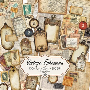 Recortes elegantes de efímeras vintage / Collage antiguo / Etiquetas grunge para álbumes de recortes / Boletos de diario basura / Efímeras de papel / Descarga digital imprimible