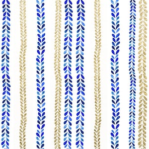 May include: A seamless pattern with vertical stripes of blue watercolor leaves and gold glitter. The pattern is on a white background.