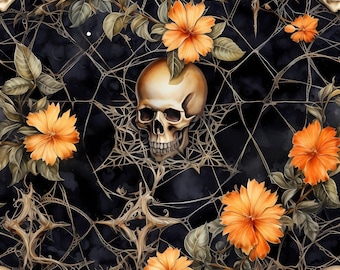 May include: A seamless pattern featuring a skull and orange flowers on a black background with a spiderweb design.