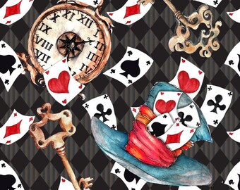 May include: A watercolor illustration of a whimsical Alice in Wonderland themed pattern featuring playing cards, a pocket watch, a top hat, and keys. The background is a black and white checkered pattern.