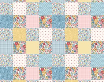 May include: A patchwork pattern featuring squares of various designs and colors. The pattern includes floral prints, gingham, polka dots, and solid colors in shades of blue, pink, yellow, and white. The overall design is reminiscent of a quilt.
