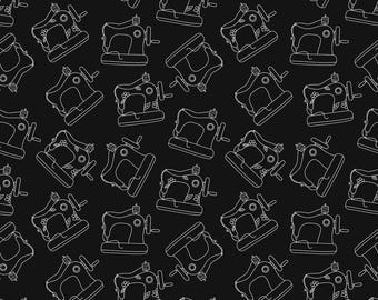 White on Black Vintage Sewing Machines Quilting Cotton Fabric