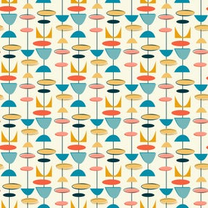May include: A repeating pattern of abstract shapes in a mid-century modern style. The design features vertical lines with alternating shapes in orange, yellow, blue, and pink against a cream background. The shapes include ovals, half-circles, and triangles.