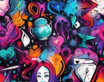 May include: A colorful, abstract pattern with a whimsical, fairytale theme. The design features a woman with long, purple hair, a teapot, hearts, and a crown. The background is a mix of bright colors, including pink, blue, and orange.