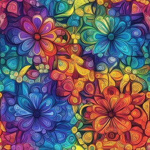May include: A vibrant, colorful floral pattern featuring stylized flowers in shades of purple, orange, blue, and yellow. The design has a textured, almost mosaic-like appearance, with swirling details and a rich, saturated color palette. The overall effect is a lively and artistic floral design.