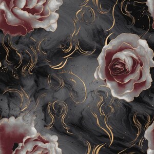May include: A seamless pattern featuring burgundy roses with white edges on a black background with gold swirls.