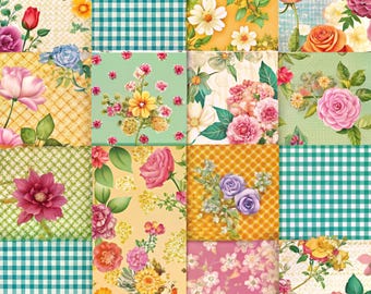 May include: A patchwork design featuring various floral patterns and teal gingham squares. The image showcases a collage of different floral arrangements, including roses, daisies, and other blooms, set against a mix of backgrounds.