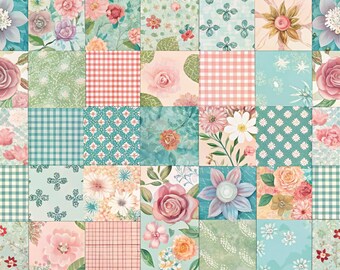 May include: A patchwork design featuring a variety of floral and geometric patterns. The squares showcase roses, daisies, and other flowers in shades of pink, peach, and blue, alongside gingham and polka dot patterns. The overall aesthetic is vintage and feminine.