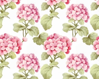 May include: A seamless pattern featuring pink flowers with green leaves on a white background. The flowers are clustered together and have a delicate, watercolor-like appearance.