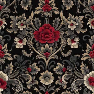 May include: A black background with a repeating pattern of red, white, and gold flowers. The flowers are stylized and have a vintage look.