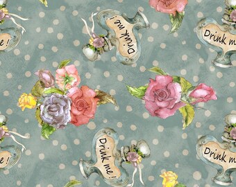 May include: A seamless pattern featuring watercolor illustrations of roses and vintage bottles with the text "Drink me!" on a blue background with white polka dots.