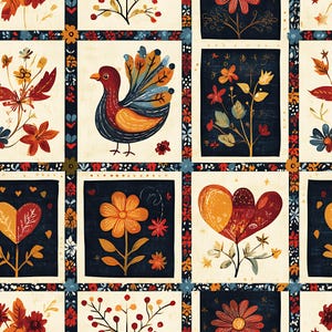 May include: A repeating pattern featuring square panels with floral and bird illustrations. The panels have a cream background with navy blue borders and dark blue centers. The illustrations include flowers, hearts, and a bird with orange, blue, and red feathers.