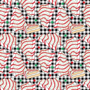 May include: A seamless pattern featuring white frosted Christmas tree-shaped cookies with red and green sprinkles on a black and white gingham background.