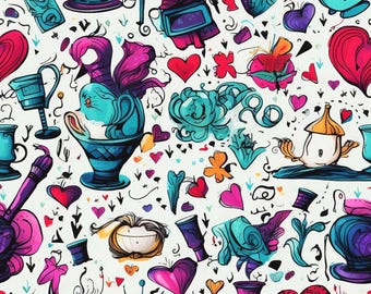 May include: A whimsical pattern featuring a variety of colorful illustrations, including hearts, teacups, butterflies, and a whimsical character with a large hat. The background is white with black outlines.